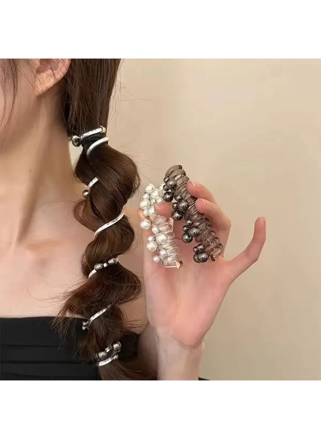 Silvery Telephone Cord Hair Ties Bubble Braid Beaded Head Rope Ponytail Hair Tie - Image 1